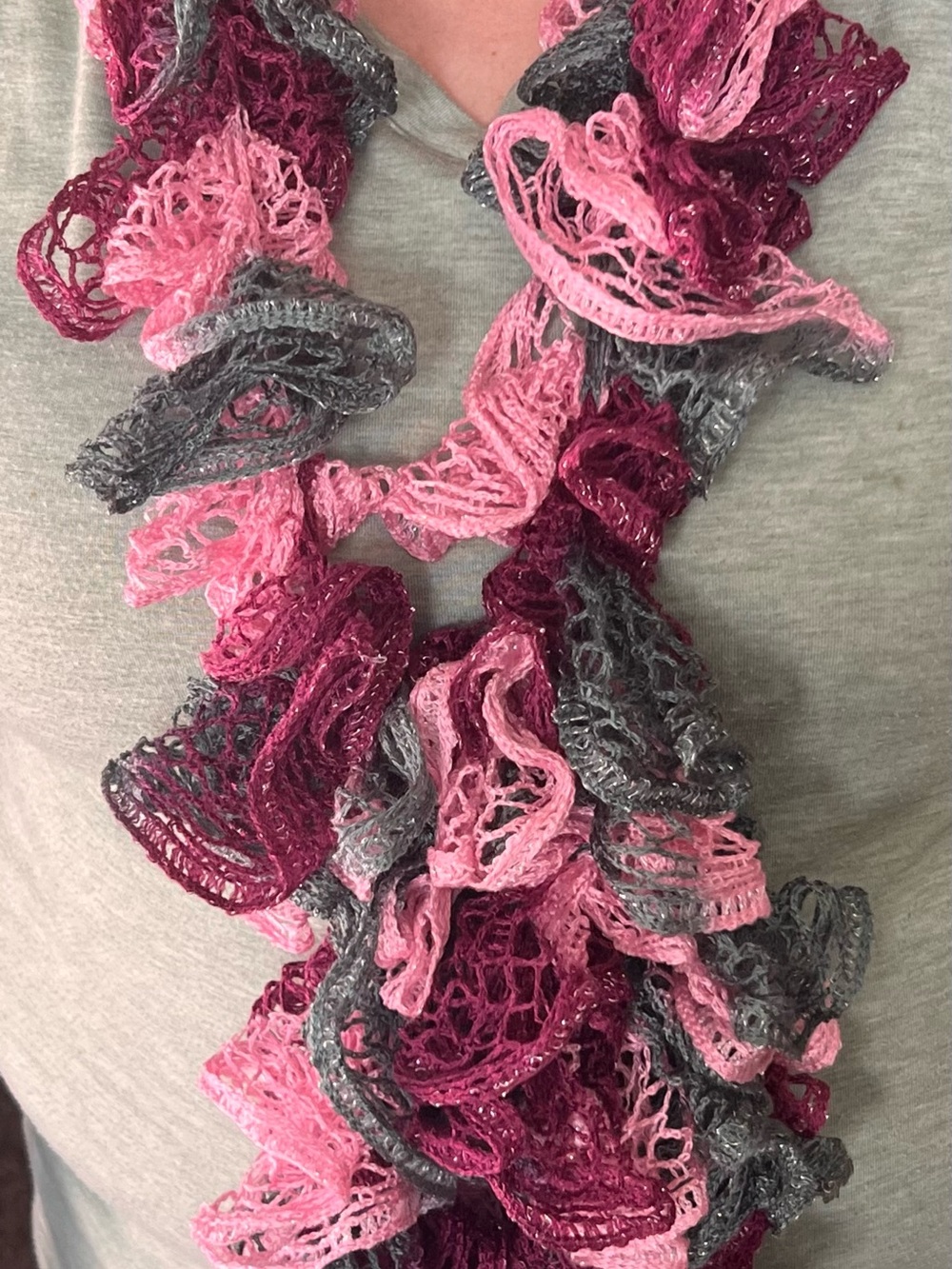 Ruffled Lace Knit Scarf in Mauve, Pink and Green